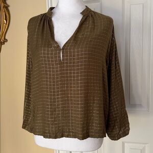 Apiece Apart blouse V neck khaki base metallic gold thread grid pattern Size 2?